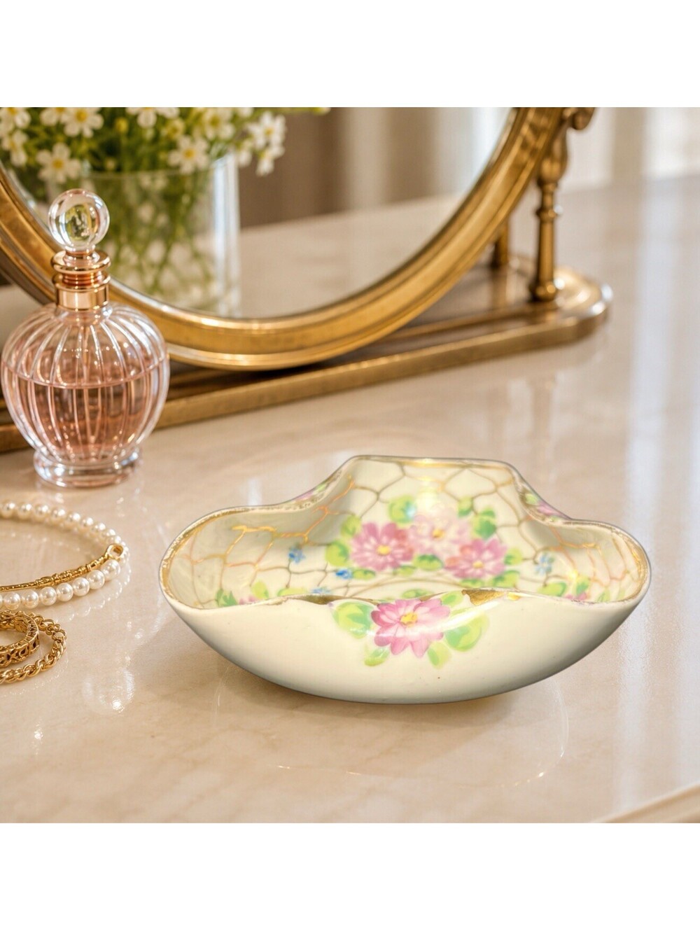 Japan Antique 1910s Trefoil Trinket Dish Hand Painted Floral Lattice Porcelain